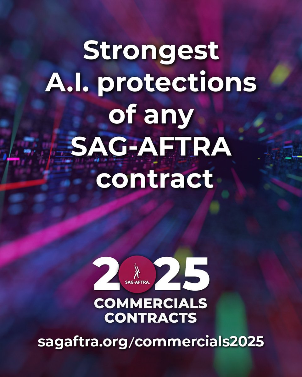 The 2025 Commercials Contracts has the strongest A.I. protections of any SAG-AFTRA contract so far. You love to see it. 🙂‍↕️ Lock in this gain and VOTE by 5 PM PT on May 21: sagaftra.org/commercials2025.