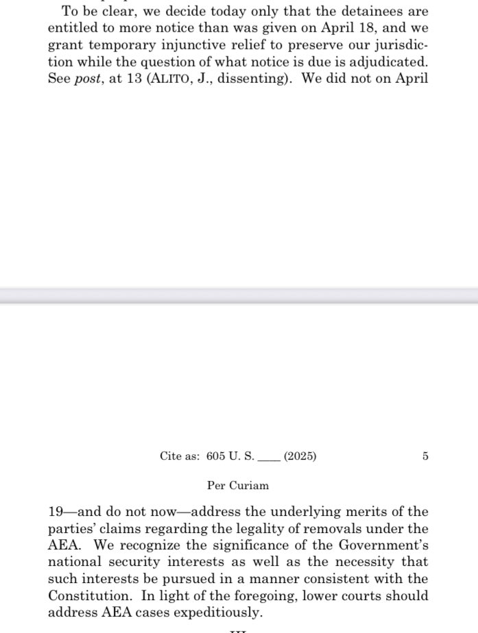 kyledcheney's tweet image. BREAKING: The Supreme Court rules 7-2 to further enjoin the government from summarily deporting alleged gang members under the Alien Enemies Act.

The government didn’t give enough notice and the 5th Circuit erred in refusing to provide relief, the justices concluded.