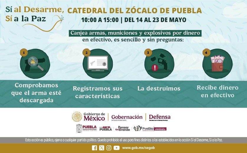RUTA_Puebla's tweet photo. ¡Sumemos por la paz! El programa #SíAlDesarmeSíALaPaz busca reducir la violencia y fomentar la seguridad en Puebla mediante el canje voluntario de armas.  Con el apoyo de la SEDENA y el @Gob_Puebla construimos juntos un futuro más seguro. ¡Infórmate y participa! #PorAmorAPuebla https://t.co/Rtam08T4Dj