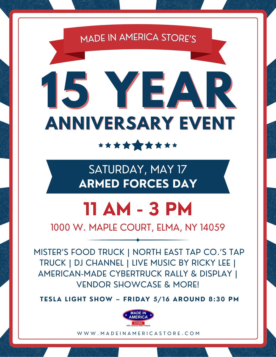 Looking forward to seeing everyone tomorrow as we celebrate 15 years of the Made in America Store. Come enjoy the day with us — and help us honor our service members on Armed Forces Day.