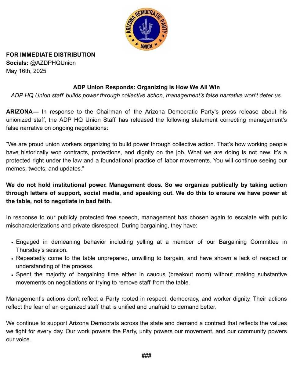 In response to Chairman Branscomb's press release about his unionized staff, the ADP HQ Union has released the following statement correcting management's false narrative about ongoing negotiations: