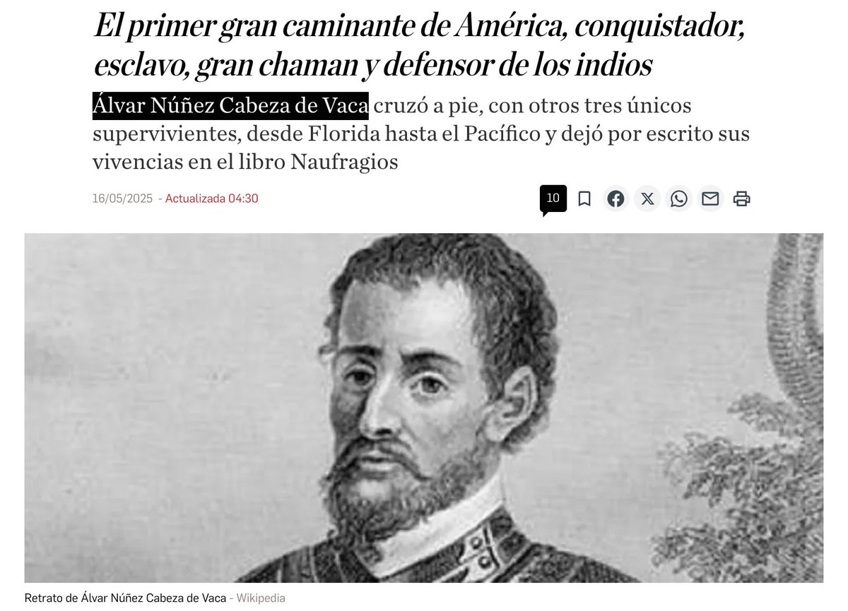 Dario_Madrid_F's tweet photo. Álvar Núñez Cabeza de Vaca recorrió a pie unos 10.000 Km durante nueve años "cruzó a pie, con otros tres únicos supervivientes, desde Florida hasta el Pacífico. Caminó hacia el oeste y convivió con comanches, siux, apaches y pueblos. Fue el primer blanco en ver, cazar y comer búfalo. Su mirada inquieta supo comprender a aquellas gentes y se convirtió en uno de sus grandes defensores. Tras volver a España, regresó de nuevo a América y descubrió las fabulosas cataratas de Iguazú."
➡️➡️ https://t.co/suGhRvPUzG