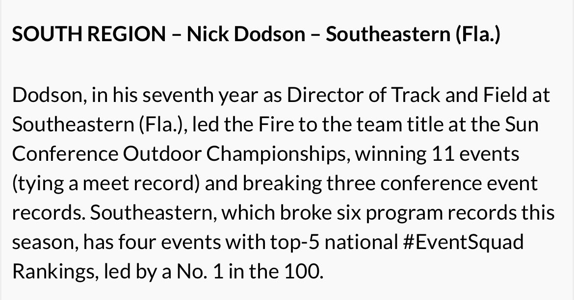 Southeastern Track & Field (@seufiretrack) on Twitter photo Road to 12x South Region Coach of the Year for <a href="/CoachDot5084/">Nick Dodson</a> which moves him to #1 All-Time in South Region history.
#FuelTheFire🔥 #TheRightWaytoPlay Road to 12x South Region Coach of the Year for <a href="/CoachDot5084/">Nick Dodson</a> which moves him to #1 All-Time in South Region history.
#FuelTheFire🔥 #TheRightWaytoPlay