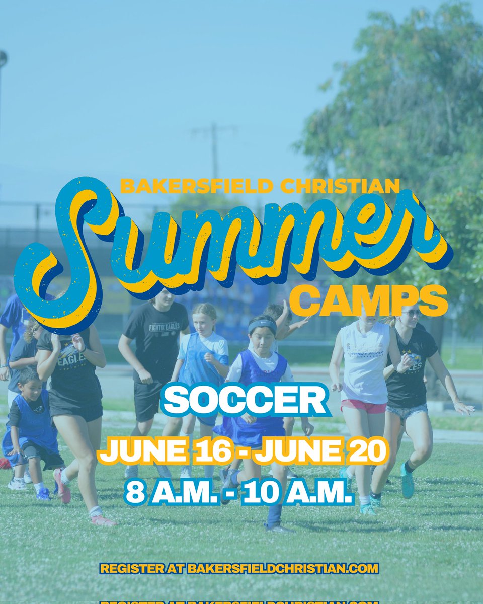 📢 WE'RE BACK!  Join us for our annual soccer summer camp!  Learn the game in a fun environment with BCHS coaches and players! 🦅⚽️🦅⚽️
Sign up at the link below: programregistration.veracross.com/App/bchs/Progr… 

<a href="/bchssports/">Bakersfield Christian Athletics</a> <a href="/bakersfieldnow/">BakersfieldNow</a> <a href="/centralsectiono/">Steven Kertis</a> <a href="/KGETnews/">KGET 17 News</a>