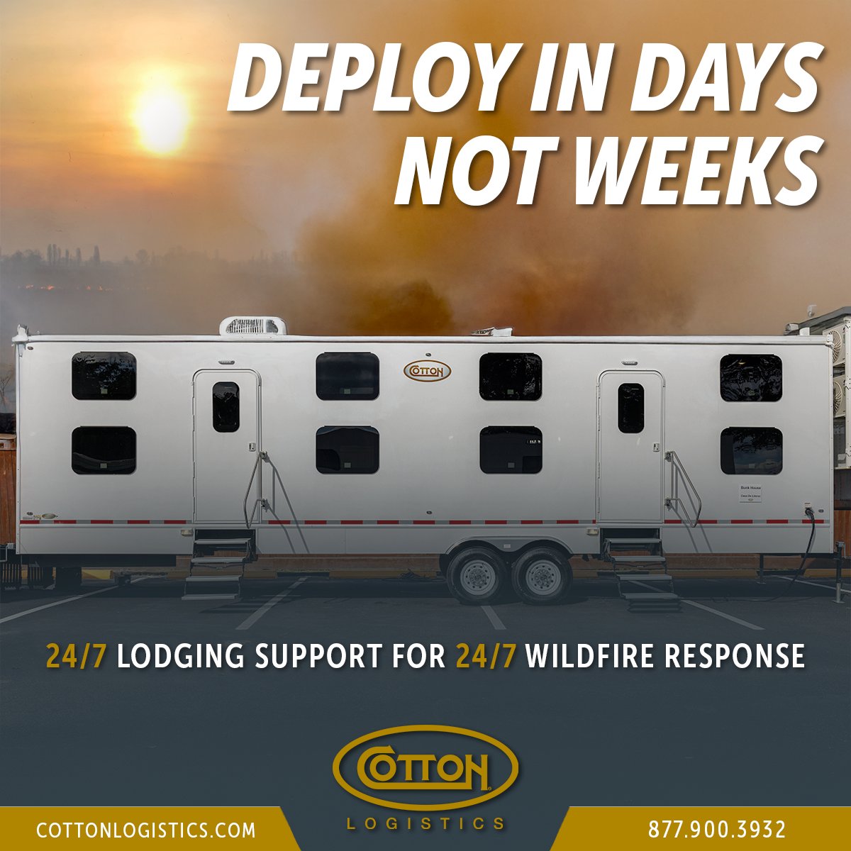 CottonLogistics's tweet photo. Wildland firefighters and emergency crews deserve more than a cot. Cotton’s temporary lodging solutions offer secure, temporary housing, mobile basecamps and turnkey logistics solutions to support wildfire disaster response teams. #WildfireAwarenessMonth https://t.co/STpXh5d8zP