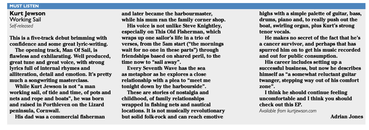 I've just got a 5* review for my EP, 'Working Sail' in June / July issue of Folk London! 
<a href="/BBCCornwall/">BBC Cornwall</a> <a href="/showofhandsnews/">Show of Hands</a> <a href="/katerusby/">Kate Rusby</a> <a href="/SWJMusic/">Stephen Wilson Jr.</a>