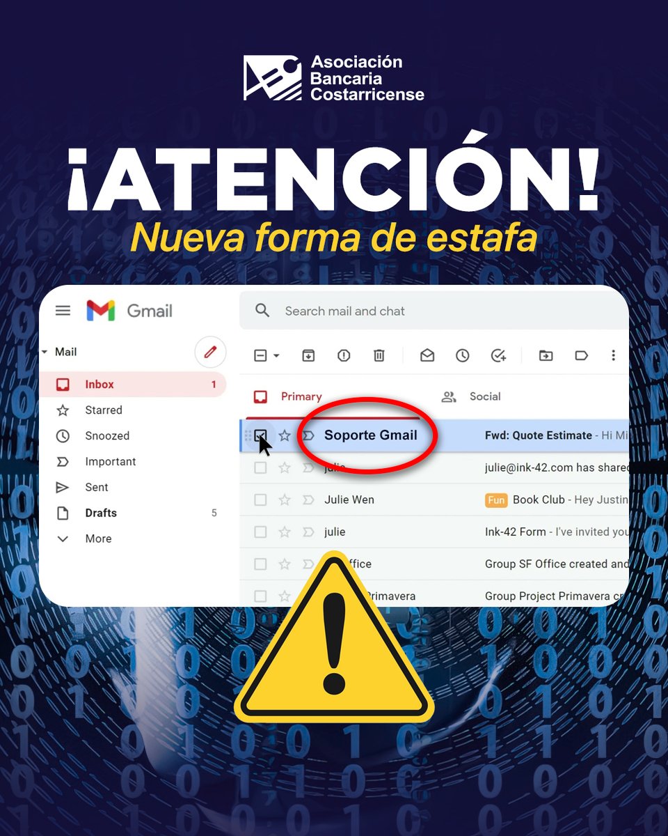 � �  ¡ALERTA!  � �  Una nueva modalidad de estafa está circulando por correo  electrónico.  Si recibe un mensaje que aparenta ser de "Soporte Gmail", no  haga clic ni brinde información personal.  📩  Verifique siempre el remitente. <a href="/ABCBancaCR/">Asociación Bancaria Costarricense</a>