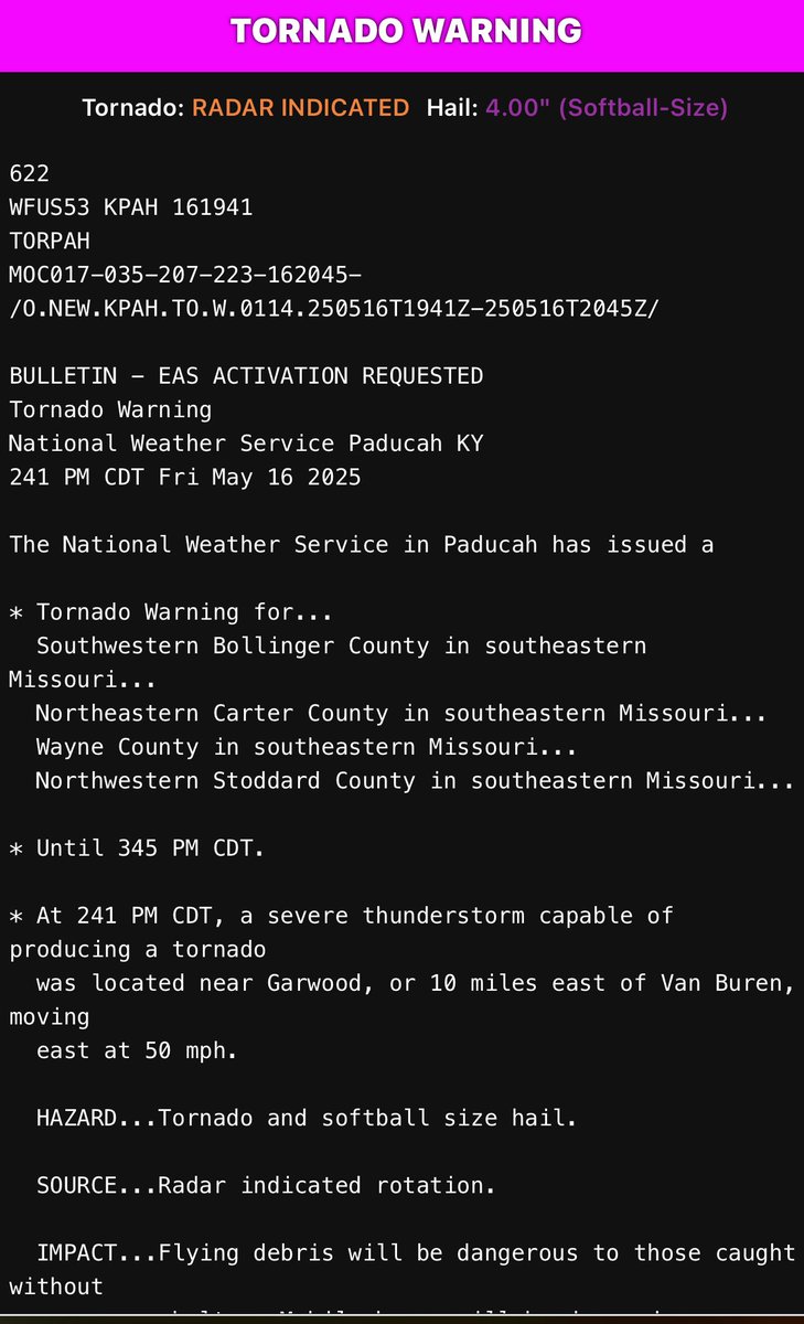 Bcmfbmfg's tweet photo. @Missouri Tornado warning for Bollinger County Missouri! Take shelter immediately! https://t.co/o8JIa1JvO9