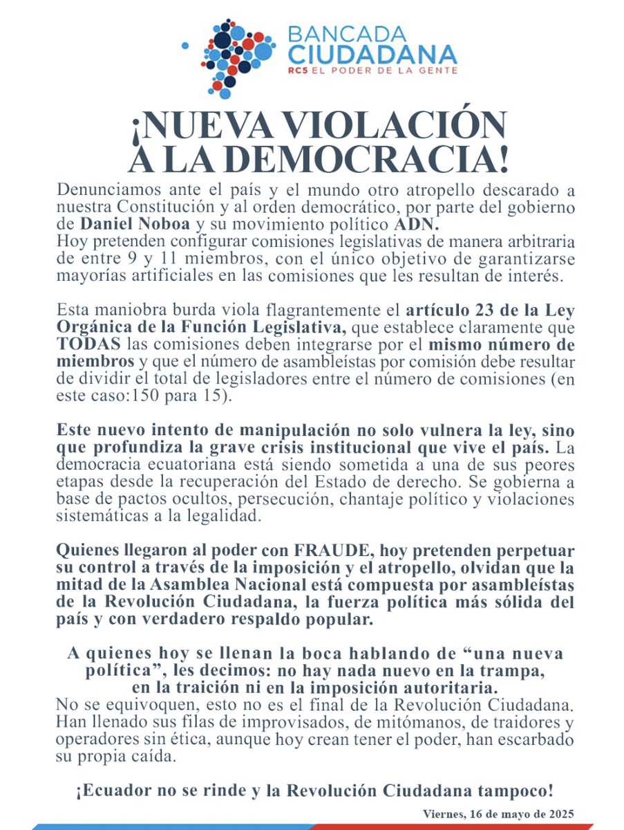 📢 ¡Atención Ecuador!

Denunciamos una nueva violación a la Constitución por parte del gobierno de <a href="/DanielNoboaOk/">Daniel Noboa Azin</a>. Quieren imponer comisiones a su medida para intentar desaparecer a la Revolución Ciudadana, asegurándose mayorías ilegítimas, perpetuando su desapego a la ley y a la