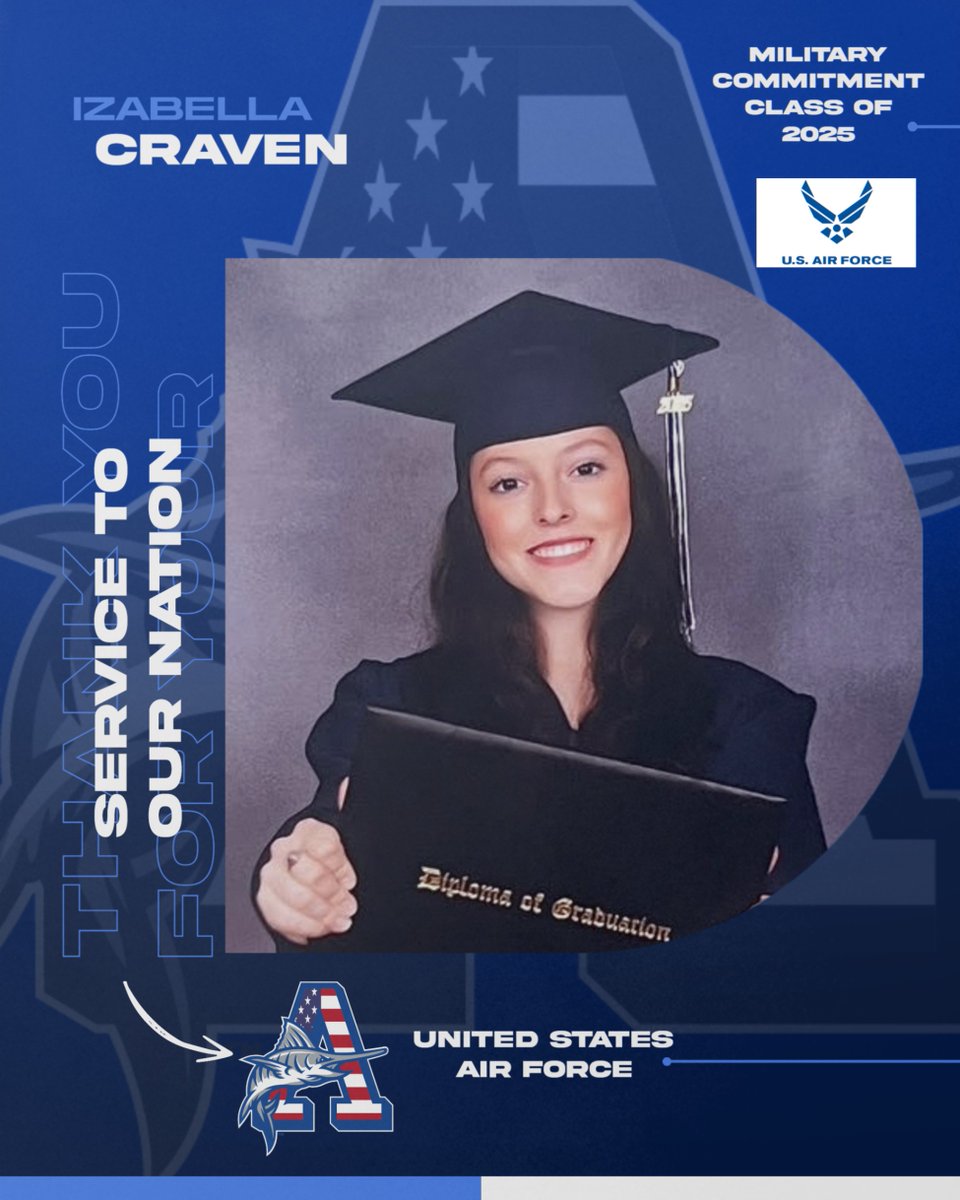 Congratulations and thank you, Izabella Craven, for your commitment to serve in the Air Force following graduation from Arnold High School and ROTC in college. We are indebted to you for your service and wish you the very best! Way to go Izabella, you make us #MarlinProud