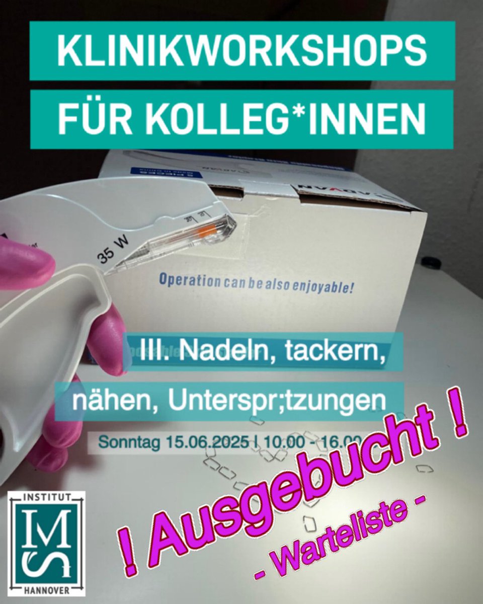 Liebe Kolleg*innen, 
Der Workshop III Nadeln, tackern, nähen und  Unterspr;tzungen am Sonntag, den 15.06.2025 von 10.00-16.00 Uhr ist voll belegt. Ein weiterer Kurs zu dem Themenkomplex ist geplant, meldet Euch gern bei Interesse.  🤍