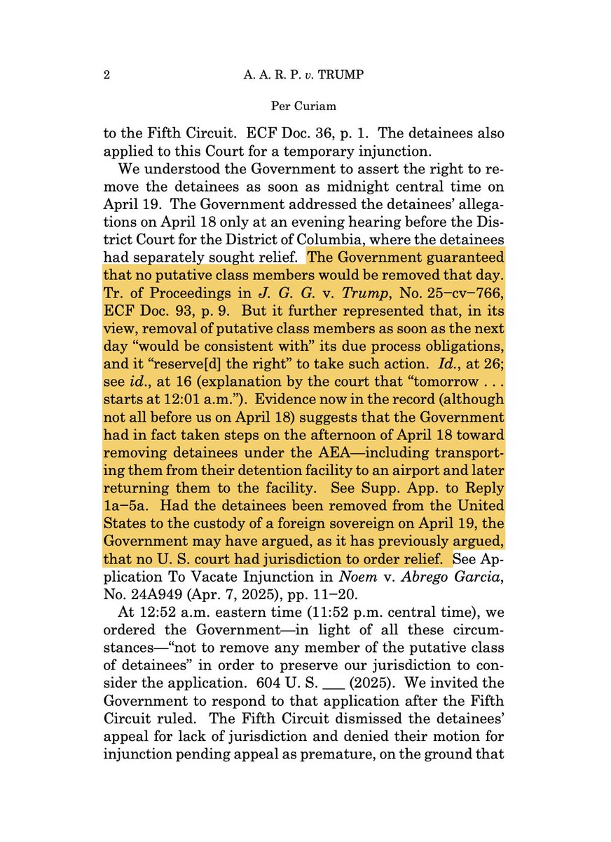 pjaicomo's tweet image. The Supreme Court has issued its long-awaited ruling in the Alien Enemies Act case, AARP v. Trump.
The Court rules 7-2 that AEA detainees need more notice than was given. So they cannot presently be deported.
Kavanaugh concurs.
Alito and Thomas dissent (as before).
1/