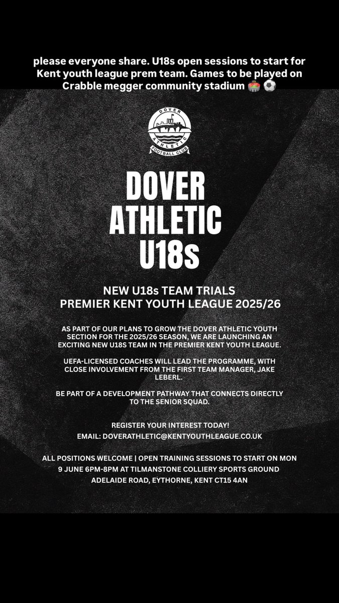 <a href="/DoverAthletic/">Dover Athletic FC</a> <a href="/DoverFCAcademy/">DAFC Academy</a> <a href="/DAFCLiveText/">DAFC LiveText</a>  <a href="/DAFCCommunity/">DAFC Community</a> <a href="/KentYouthLeague/">KentYouthLeague</a> please everyone share. U18s open sessions to start for Kent youth league prem team. Games to be played on Crabble megger community stadium 🏟️ ⚽️