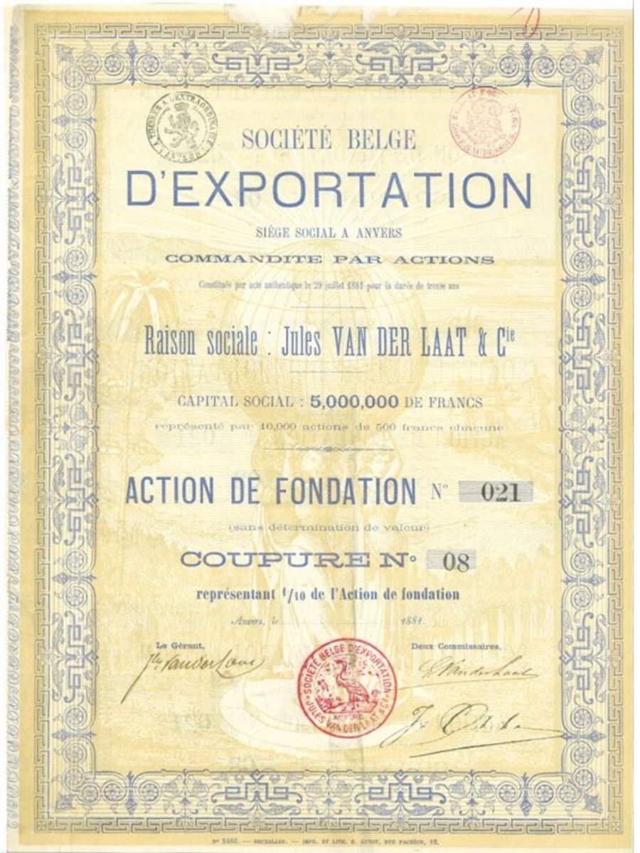 From the Origins of Value Virtual Museum: Foundational Share of a Belgian Export Company. Share certificate of 1/10 foundational share of an export company of Belgium, Jules Van de Laat, 1881. bit.ly/4329gKU  #ICF_FinancialHistoryFriday