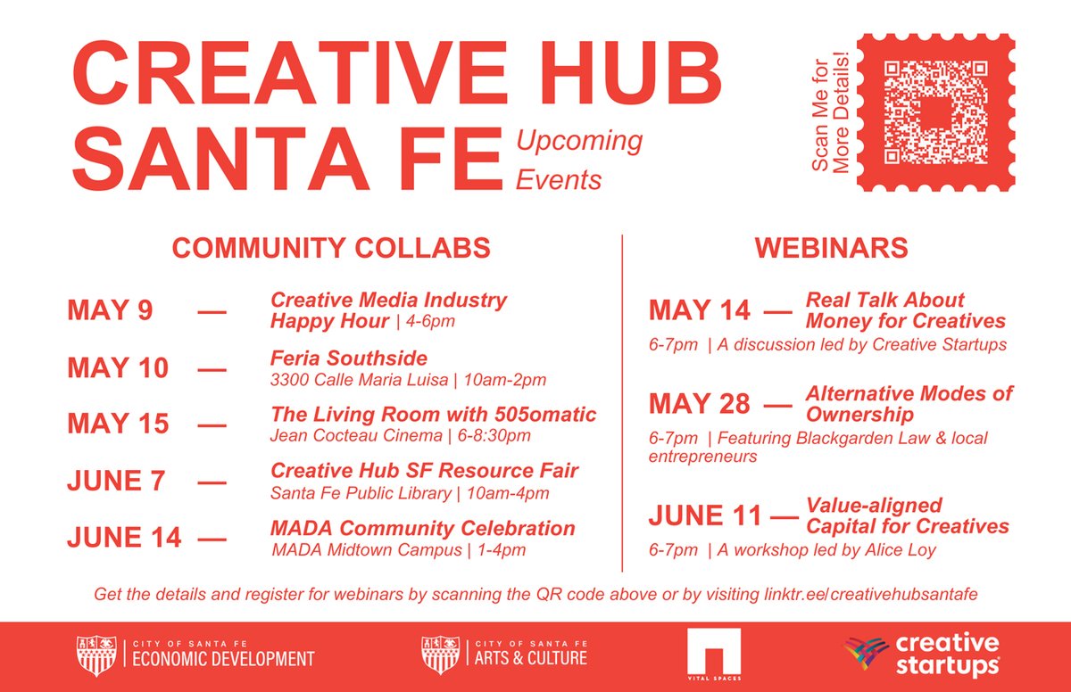 🎨 Creatives of Santa Fe! Join Creative Hub Santa Fe for free online workshops to grow, connect &amp; thrive.
✅ Artists, freelancers, nonprofits welcome!
🔗 Register: bit.ly/3Zl9EBH
#SantaFeCreatives