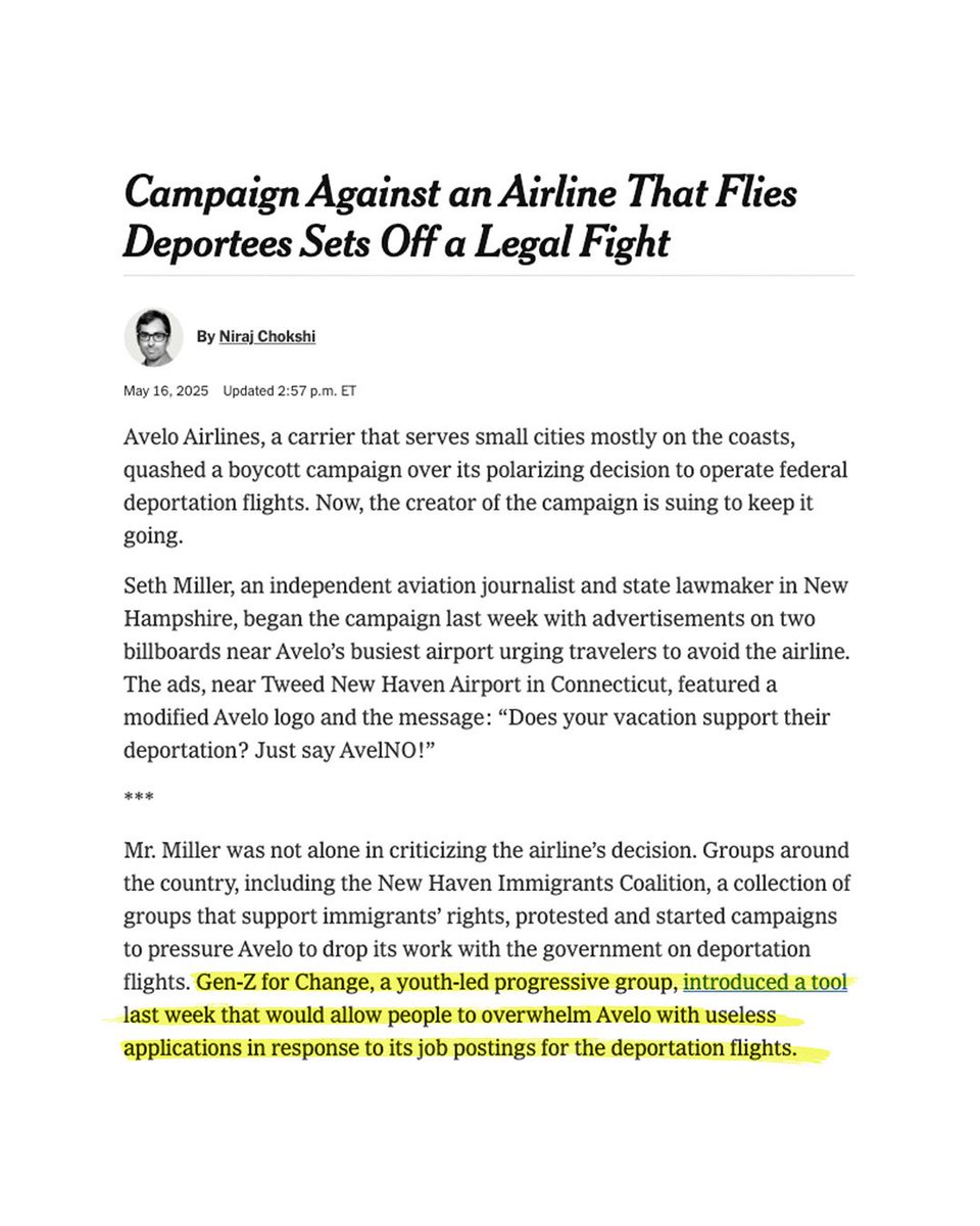 genzforchange's tweet image. FIGHT is mentioned in @nytimes! Thanks to you using our tool, Avelo has taken their job application down. Click below for more ways to engage and stay tuned for future actions ;) 👇
gz4c.org/fight