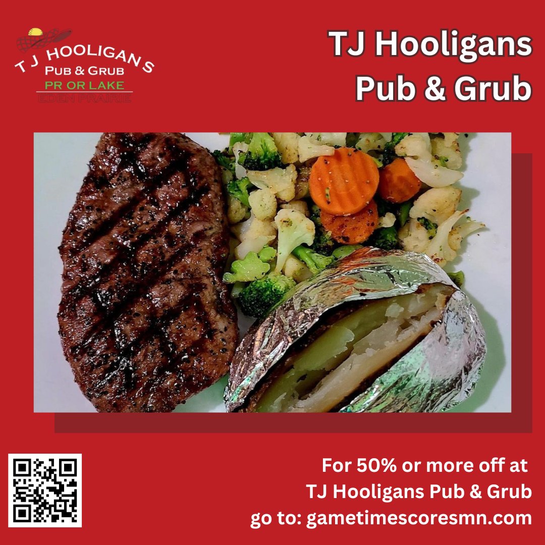 GET 50% OFF AT T.J. Hooligan's Pub &amp; Grub ! (NOW OPEN IN EDEN PRAIRIE)

Check out Gametimemnscores.com AND GET A $50 gift card FOR $25 AT T.J. Hooligan's Pub &amp; Grub!