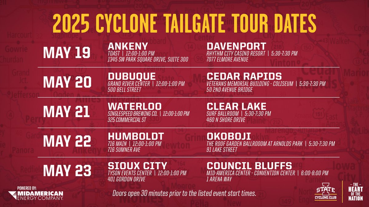 Iowa State Athletics (@cycloneath) on Twitter photo The Cyclone Tailgate Tour powered by <a href="/MidAm_EnergyCo/">MidAmerican Energy</a> starts tomorrow!
We can't wait to see you all at one of our 10 stops across Iowa ๐ช๏ธ
<a href="/Cyclone_Club/">Cyclone Club</a> The Cyclone Tailgate Tour powered by <a href="/MidAm_EnergyCo/">MidAmerican Energy</a> starts tomorrow!
We can't wait to see you all at one of our 10 stops across Iowa ๐ช๏ธ
<a href="/Cyclone_Club/">Cyclone Club</a>