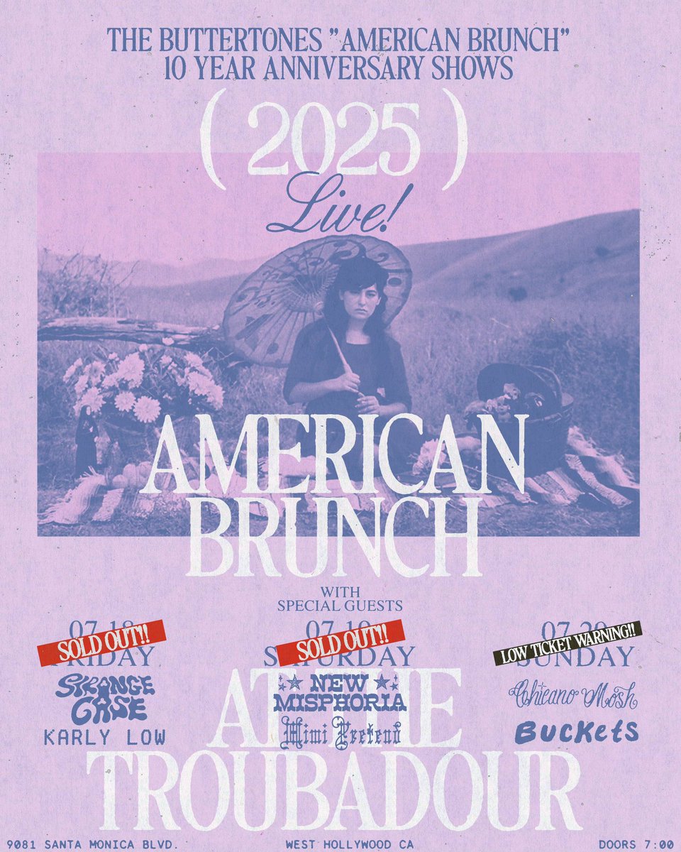 The Buttertones (@btonesband) on Twitter photo LOW TICKET ALERT
Less than 100 left for the third and final nite at <a href="/theTroubadour/">Troubadour</a>
Celebrate 10 years of ‘American Brunch’ with us. This is your last chance. Grab your tickets NOW 💜 LOW TICKET ALERT
Less than 100 left for the third and final nite at <a href="/theTroubadour/">Troubadour</a>
Celebrate 10 years of ‘American Brunch’ with us. This is your last chance. Grab your tickets NOW 💜