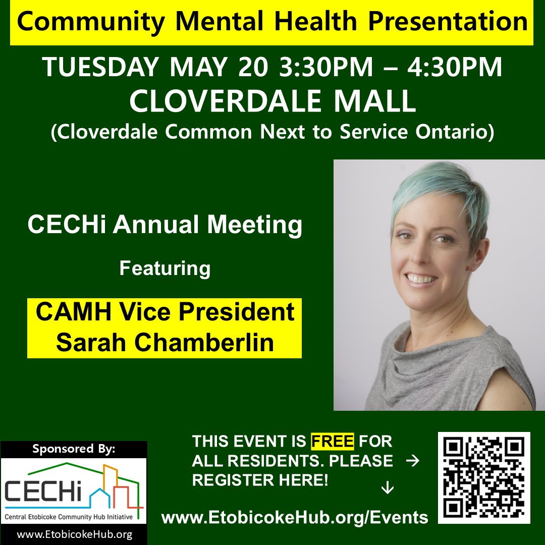 Join us for our 2025 Annual Meeting on Tuesday May 20th 3:30PM at Cloverdale Mall. Our speaker this year is Sarah Chamberlin, Vice President at CAMH Foundation, who will speak about community #MentalHealth. This event is FREE. Register at EtobicokeHub.org/Events