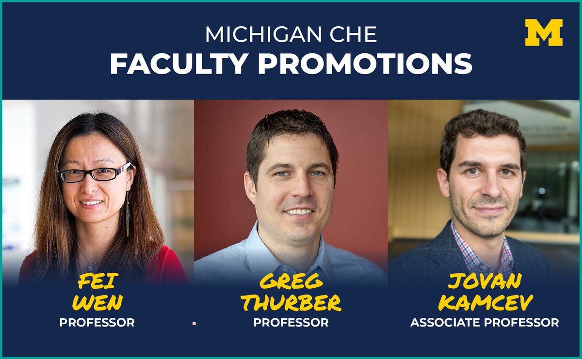 Michigan Chemical Engineering (@umichche) on Twitter photo Congratulations to ChE faculty Jovan Kamcev, Greg Thurber & Fei Wen as they've just been promoted by the U-M Board of Regents!
<a href="/JovanKamcev/">Jovan Kamcev</a>, Associate Professor of Chemical Engineering
Greg Thurber, Professor of Chemical Engineering
Fei Wen, Professor of Chemical Engineering Congratulations to ChE faculty Jovan Kamcev, Greg Thurber & Fei Wen as they've just been promoted by the U-M Board of Regents!
<a href="/JovanKamcev/">Jovan Kamcev</a>, Associate Professor of Chemical Engineering
Greg Thurber, Professor of Chemical Engineering
Fei Wen, Professor of Chemical Engineering