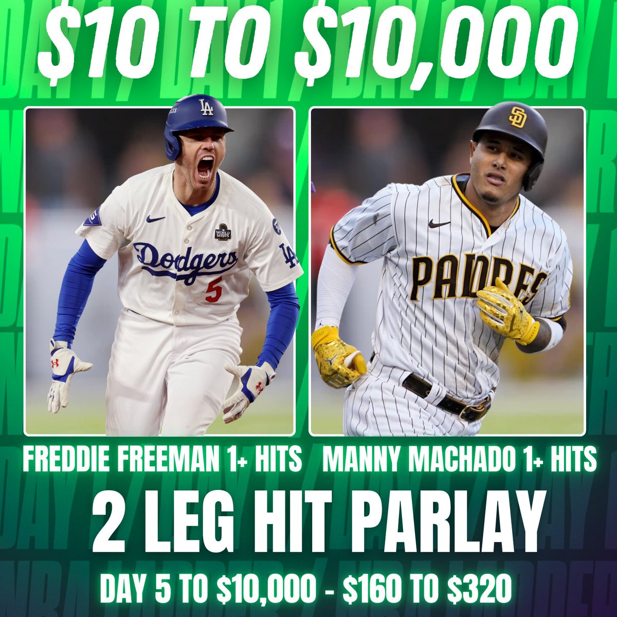 10to10k_'s tweet image. DAY 5: To $10,000 Ladder Challenge

💰$10 Has Been Turned Into $160

⭐️ Freddie Freeman 1+ Hits
Hit L8/10 
Hitting .389 vs RHP

⭐️ Manny Machado 1+ Hits
Hit L10/10
Hitting .333 vs RHP

❤️🔁LIKE + REPOST if You’re Joining The Challenge to $10K!