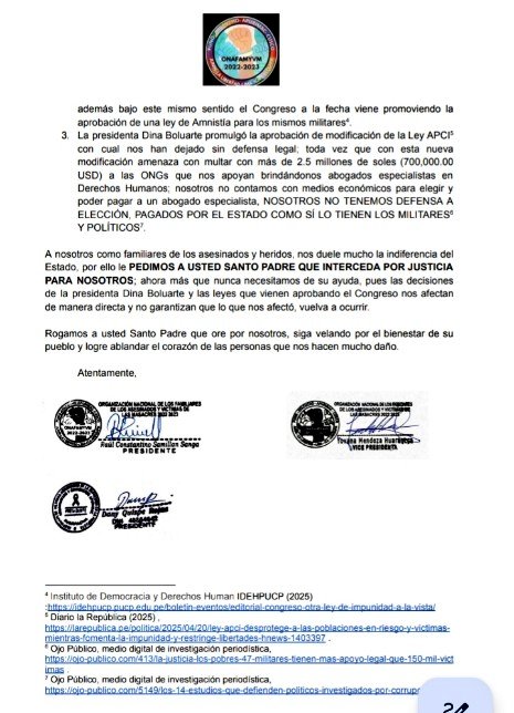 📢Carta enviada al Papa Robert Prevost por los familiares de víctimas y sobrevivientes de las masacr3s 2022-2023 en 🇵🇪: piden que interceda por ellos por justicia dado que Boluarte, Congreso y TC han tomado decisiones que facilitan la repetición de graves violaciones de ddhh