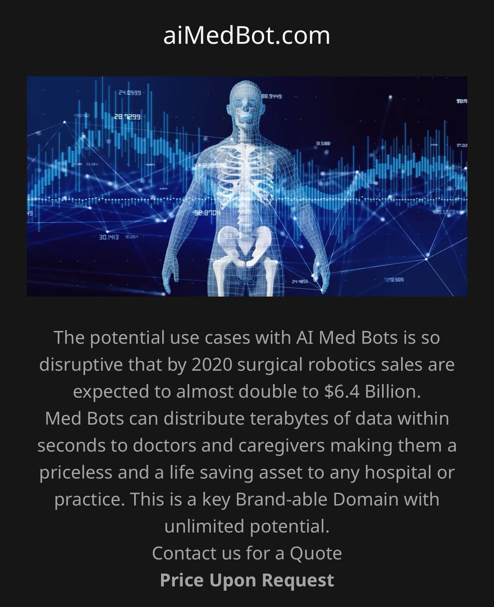 🚨 Domain For Sale 🚨
🧠🤖 AIMedbot.com
Perfect for an AI-powered medical assistant, health tech startup, or digital triage tool.
✅ Niche-specific
✅ Easy to remember
✅ Future-ready
Full list: 5GExchange.com

DM to inquire! #DomainForSale #HealthTech #AI