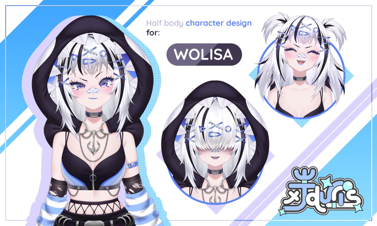She is here!!! Welcome welcome <a href="/wolisakamata/">wolisa 🌊 VArtist / Orcapen</a> ⋆✴︎˚｡⋆

I did a half body character design for Wolisa, as a thank you for opening the doors of #Vgen to me! I also posed her for a pfp + variants. 

Took time, but I love the result ₊˚⊹ ᰔ

#vtuber #characterdesign