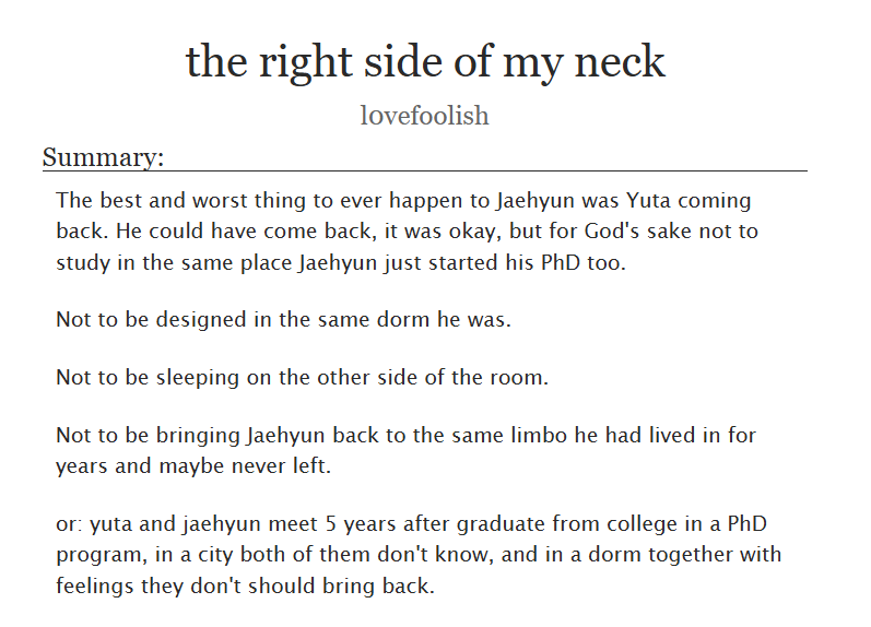 nichoranja's tweet photo. — the right side of my neck

☆ yujae/jaeyu
- rated t, 4k words, ongoing
- uni!au, reunion, mutual pining, roommates 

https://t.co/spirkJoW7S https://t.co/sJ3LwqUCv1