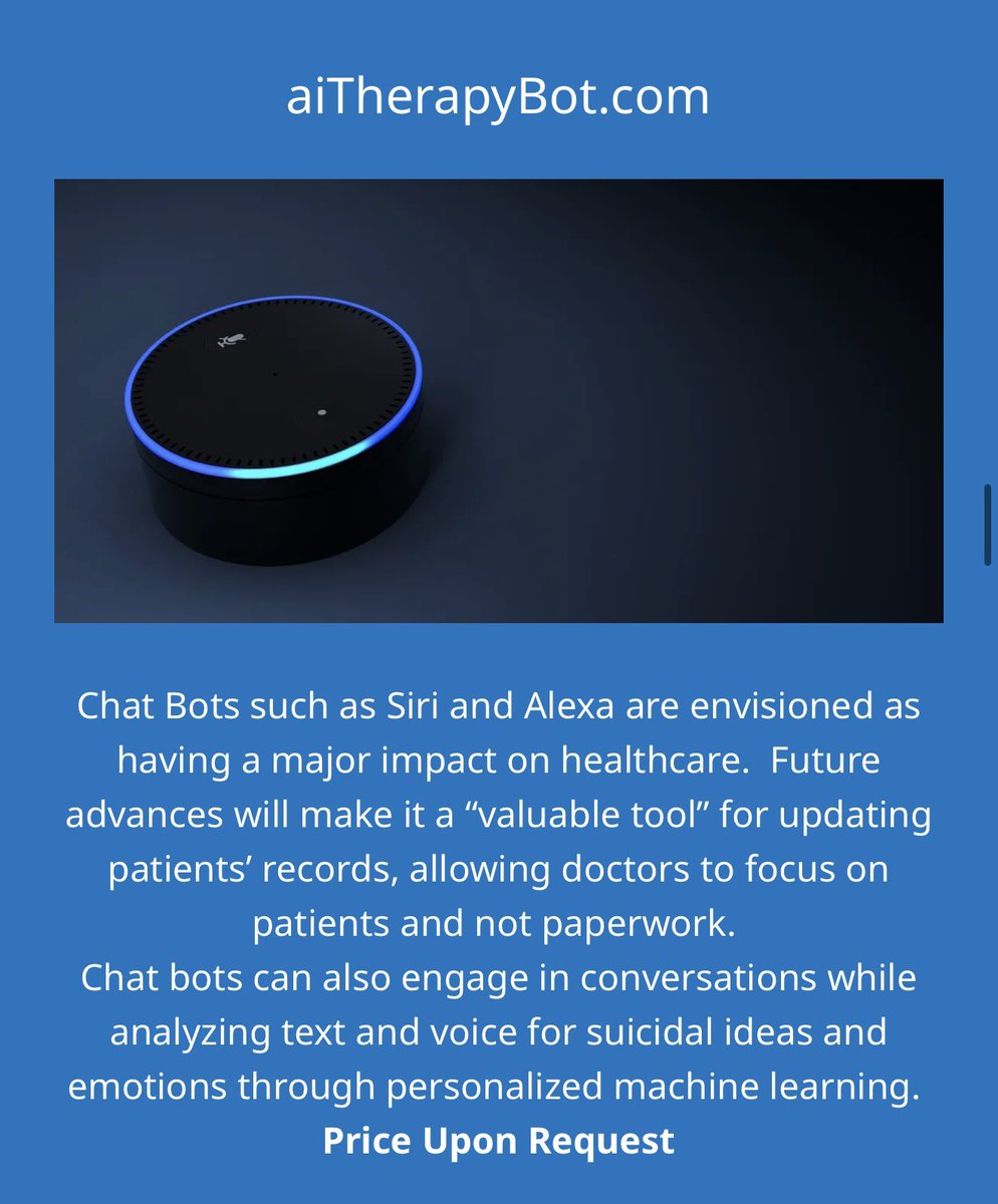 🚨 Domain For Sale 🚨
🧠💬 AiTherapyBot.com
The perfect name for an AI-powered mental health app, virtual therapist, or wellness chatbot.
✅ Memorable
✅ On-trend
✅ High-growth niche

Full List: 5GExchange.com! 

#DomainForSale #AI #MentalHealth #TherapyTech