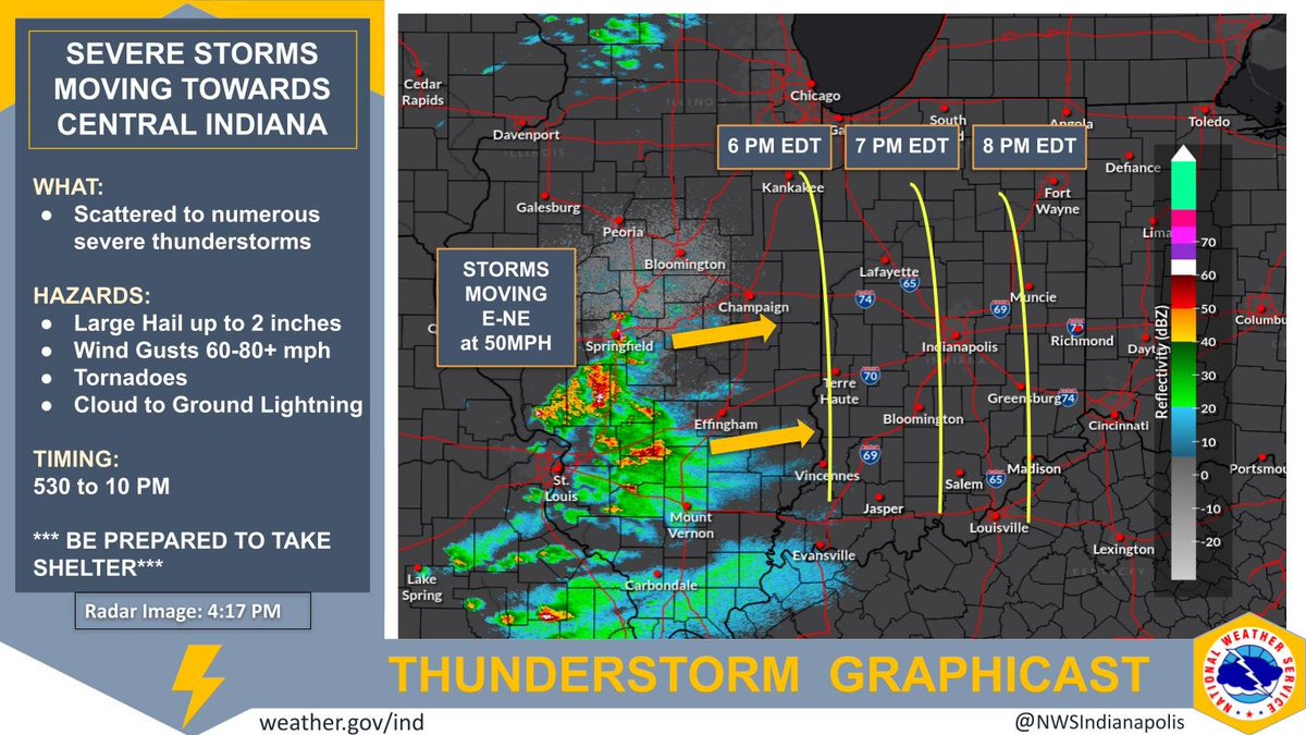A cluster of dangerous storms with a history of damaging winds, large hail and tornadoes was moving across southern Illinois. These storms will reach the Illinois-Indiana border around 6 pm, the Indy metro by 7 pm and eastern portions of central Indiana by 8 pm. #INwx #indy