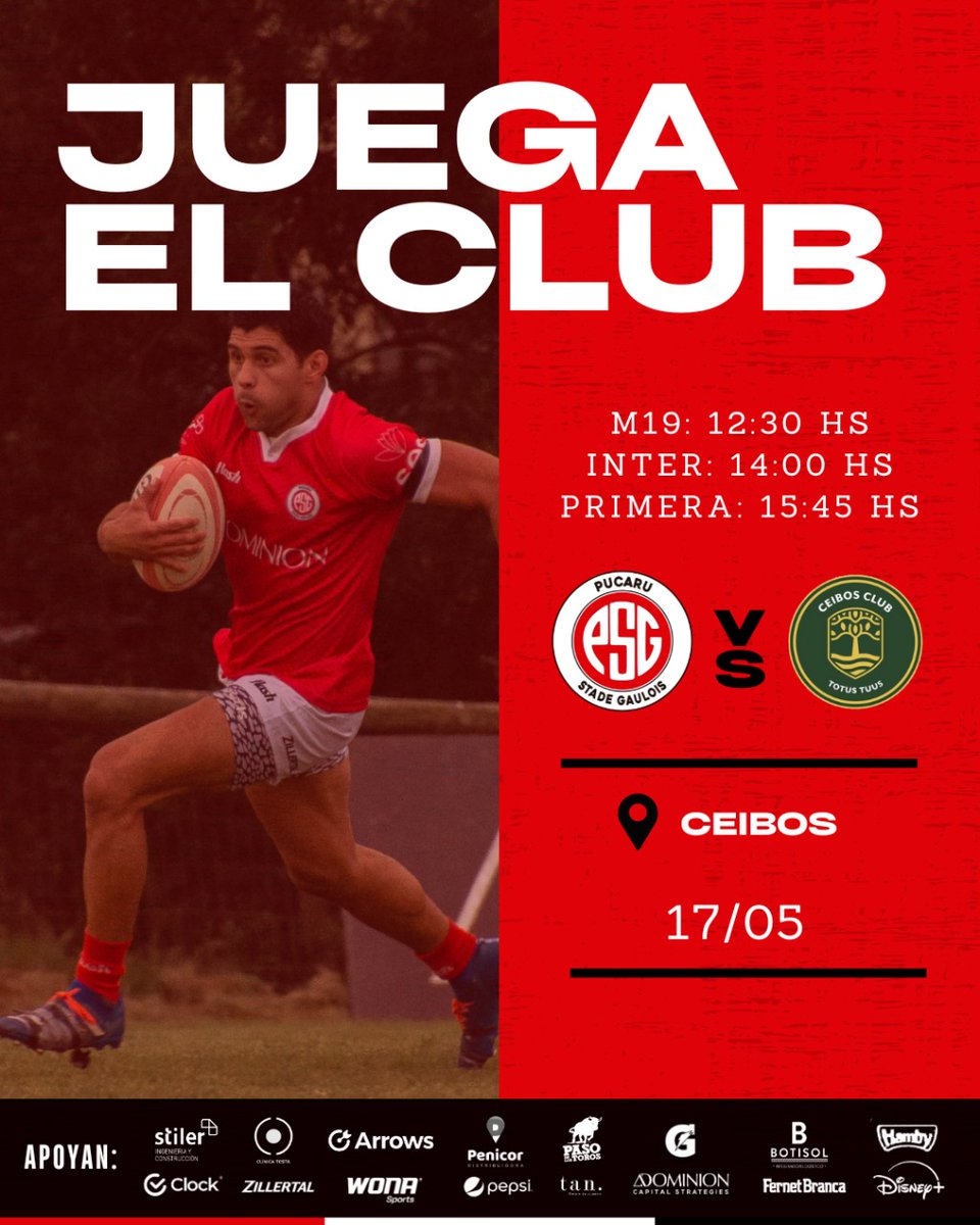 ¡Se juega la fecha 7️⃣ del Apertura 🏉!

📅 Sábado 17/05 vs. <a href="/CeibosRugbyClub/">Ceibos Rugby</a>
📍 Ceibos

➡️ Primera - 🕐: 15:45 hs
➡️ Intermedia - 🕐: 14:00 hs
➡️ M19 - 🕐: 12:30 hs

#VamosPuca 🔴⚪🔴