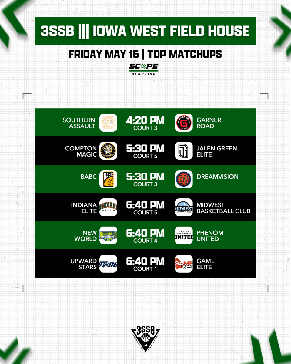 scopescouting's tweet image. 3SSB at Iowa West Field House is underway 🔥 Take a look at these Top Matchups!
-
Scope Scouting will be covering these games so stay tuned and head to our Twitter for more  👀  #ScopeScouting #adidasBasketball
