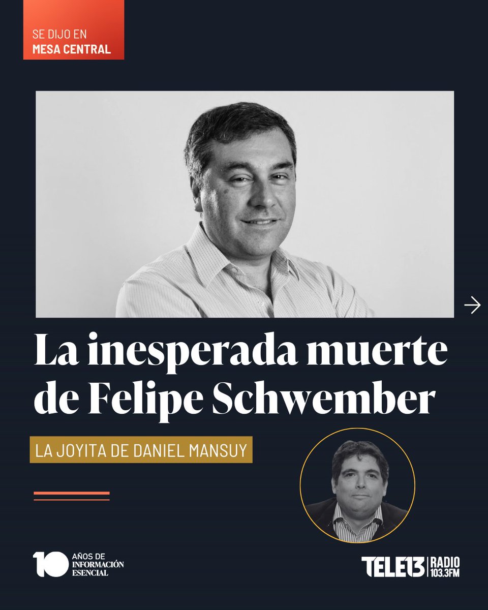 Tele13_Radio's tweet image. En #LosColumnistas de #MesaCentral, Daniel Mansuy recordó al recién fallecido investigador UDD Felipe Schwember: “Gran profesor, un gran intelectual”, con “papers realmente muy importante en filosofía política y filosofía moral”.

#InformaciónEsencial en tele13radio.cl