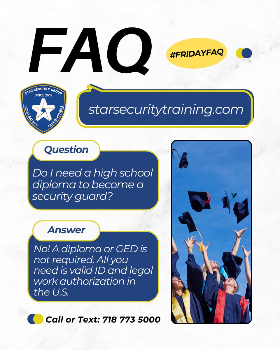 GuardTraining1's tweet photo. 🎓 #FridayFAQ — Wondering if you need a diploma to start a career in security?

👉 Good news: You don’t! All you need is a valid ID and legal work authorization in the U.S. to become a licensed security guard.

💼 Get trained by real professionals. Visit https://t.co/BItHgj2qeL https://t.co/gBNaEOvk9E