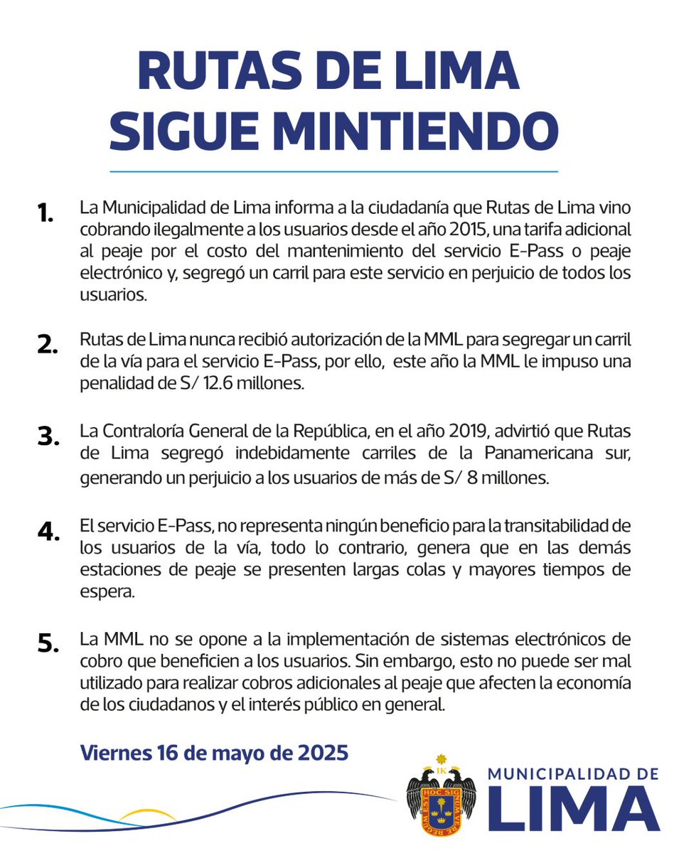 Epicentro_TV's tweet photo. Municipalidad de Lima responde a Rutas de Lima luego de que anunciaran la suspensión del pago e-pass por actos “hostiles” de parte de la MML: “Nunca recibieron autorización para segregar un carril exclusivo. Por ello, este año se les impuso una penalidad de S/ 12.6 millones”. https://t.co/zIxdpNpi6m