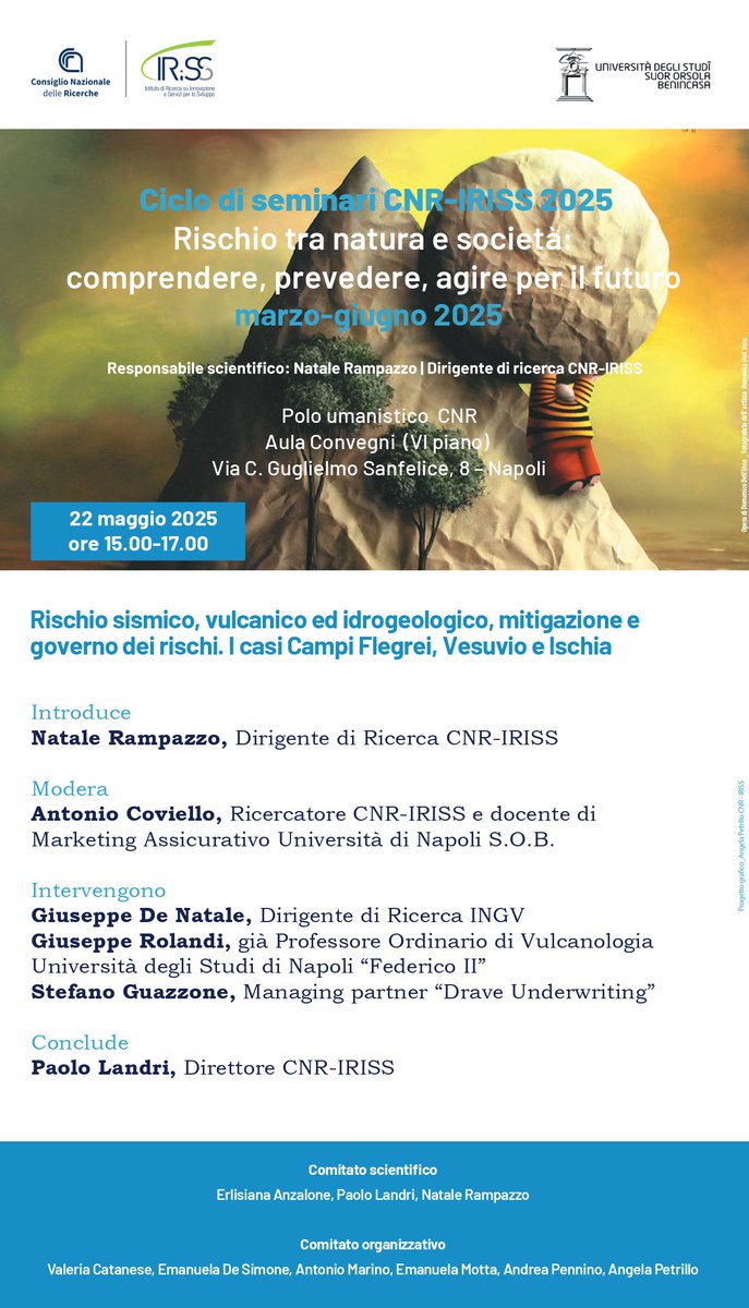 📌 Rischio sismico, vulcanico e idrogeologico, mitigazione e governo dei rischi. I casi Campi Flegrei, Vesuvio e Ischia
📅 Giovedì 22 maggio 2025 | h 15:00 – 17:00
📍 Sala Convegni – Polo Umanistico CNR Napoli
Per saperne di più: cnr.it/it/evento/19893
#rischio #riskmanagement