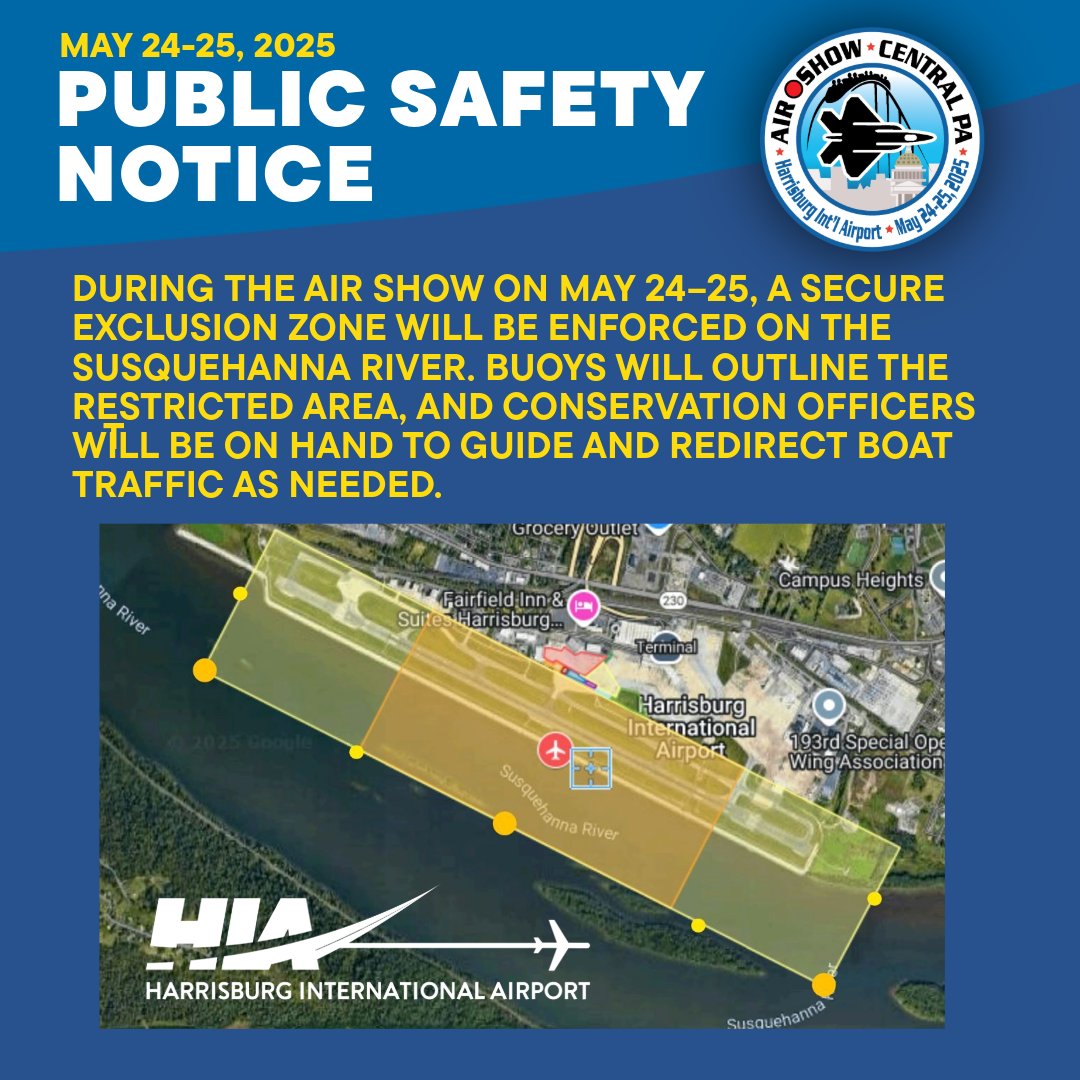 ⚠️ Notice: Susquehanna River access is restricted May 24–25 for the air show—buoys will mark the exclusion zone &amp; conservation officers will guide traffic. Learn more: pa.gov/agencies/fisha…