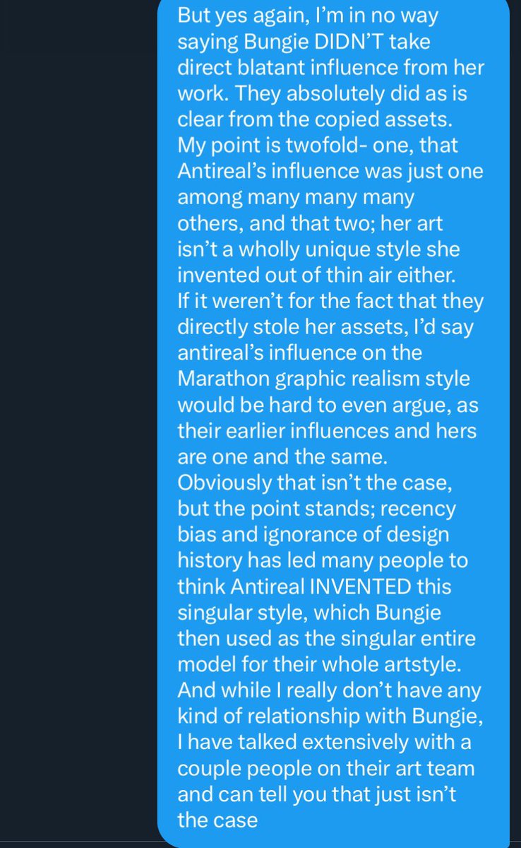 RiloeGaming's tweet photo. I was grumpy this morning and impatiently tweeted a lot, and many people incorrectly got the impression I was defending Bungie or claiming they DIDN’T plagiarize assets. 
Here’s a msg from a convo I had with an acquaintance of Antireal that explains my thoughts a bit better… https://t.co/Zz6d0f8um8