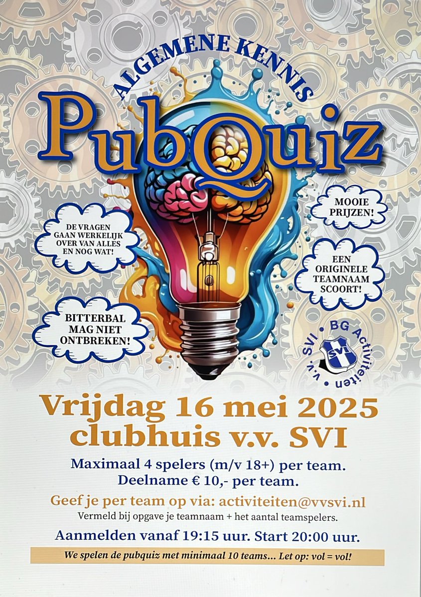 Zeer succesvolle Pubquiz bij <a href="/vvsvi/">v.v. SVI</a>. Er deden 25 teams met in totaal 100 deelnemers. Klasse georganiseerd.