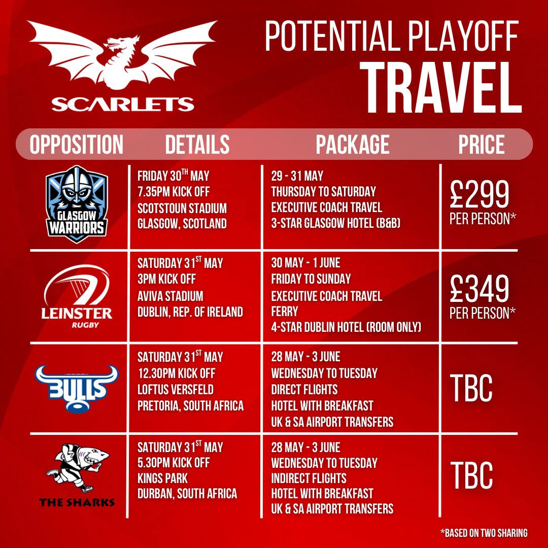 Top 8 secured for <a href="/scarlets_rugby/">Scarlets Rugby</a>!😎

Our playoff travel options…

Email now to register for priority info!👇

info@vaughanvoyage.com