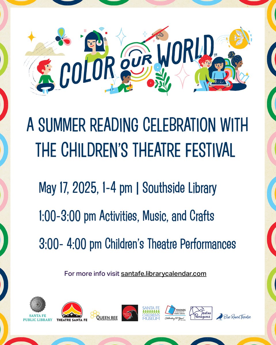 🎭📚 Color Our World: A Summer Reading Celebration!
Join SantaFeLibrary + the Children’s Theatre Festival for crafts, music &amp; theatre!
📅 Sat, May 17 | 🕐 1–4 PM
📍 Southside Library
🎁 Free tote for Summer Reading signups!
🔗 bit.ly/3PYCRxl
