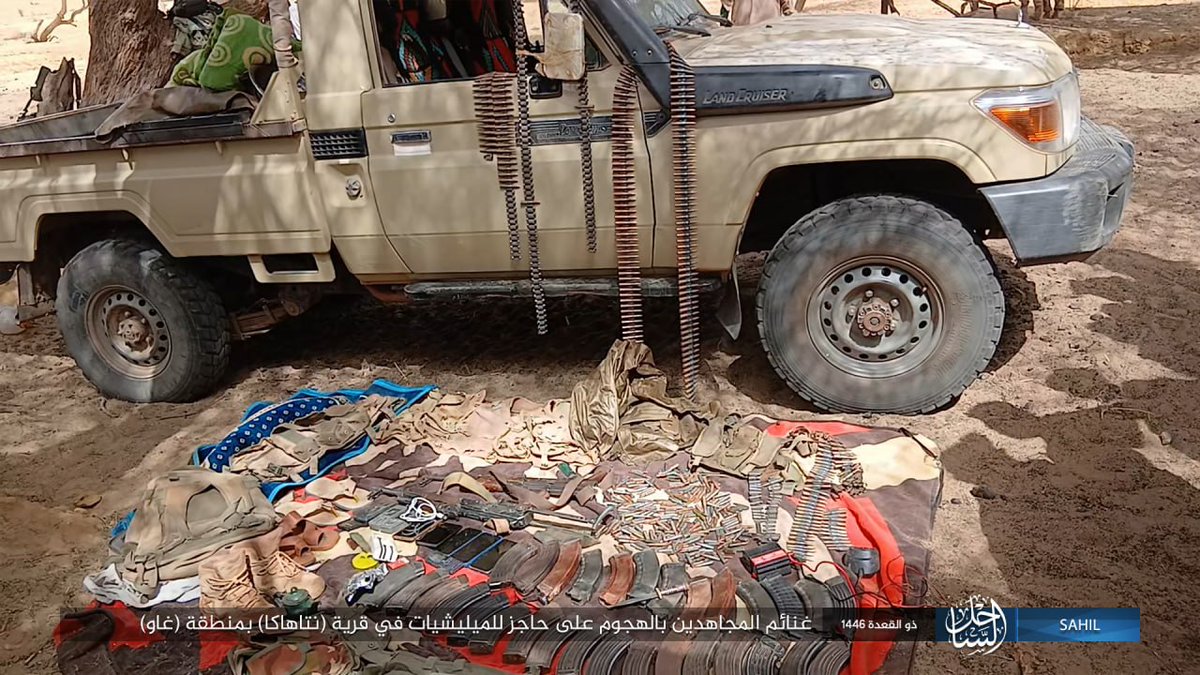 OSINTWarfare's tweet image. The Islamic State Sahel Province (ISSP) has released images of its attack on a checkpoint belonging to militias loyal to the Malian government in the village of N’tahaka in the Gao Region. The attack resulted in the killing of 4 members and the capture of a 4x4 vehicle and two