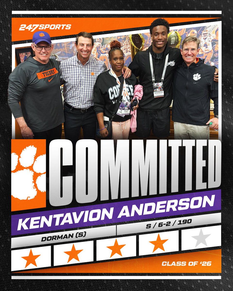 Tom Loy (@tomloy247) on Twitter photo BREAKING: It’s <a href="/ClemsonFB/">Clemson Football</a> for Top247 safety Kentavion Anderson.
The elite talent is staying home.
Story via <a href="/austinhannon_/">Austin Hannon</a> 247sports.com/college/clemso…
<a href="/Kentavion_a/">Kentavion ‘’polo’’ Anderson ❹ˢᵗᵃʳ 𝘋𝘉 ✞</a>
<a href="/247Sports/">247Sports</a> BREAKING: It’s <a href="/ClemsonFB/">Clemson Football</a> for Top247 safety Kentavion Anderson.
The elite talent is staying home.
Story via <a href="/austinhannon_/">Austin Hannon</a> 247sports.com/college/clemso…
<a href="/Kentavion_a/">Kentavion ‘’polo’’ Anderson ❹ˢᵗᵃʳ 𝘋𝘉 ✞</a>
<a href="/247Sports/">247Sports</a>