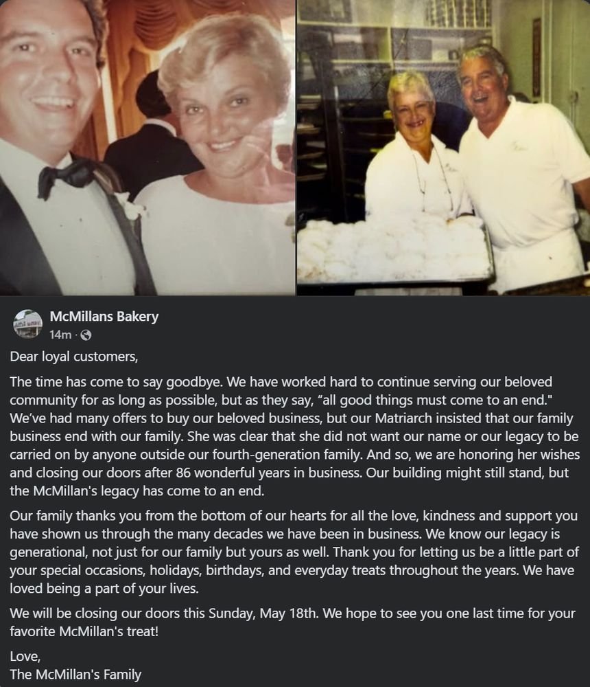 Welp, it's official. McMillan's Bakery in Westmont is absolutely closing forever this Sunday. Straight from their Facebook post 👇