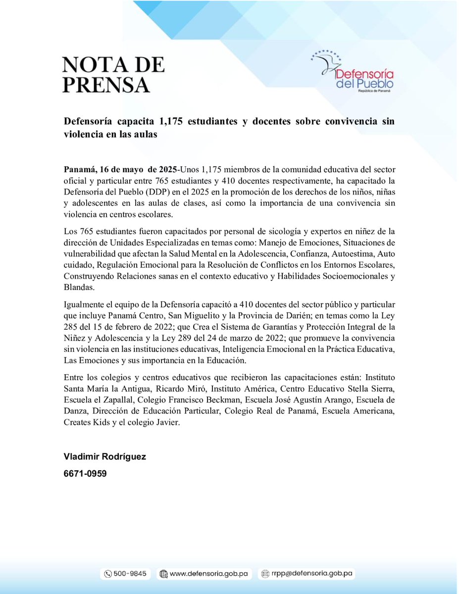 DefensoriaPan's tweet image. Defensoría capacita 1,175 estudiantes y docentes sobre convivencia sin violencia en las aulas.
@eleblancg @MeducaPma @OACNUDH