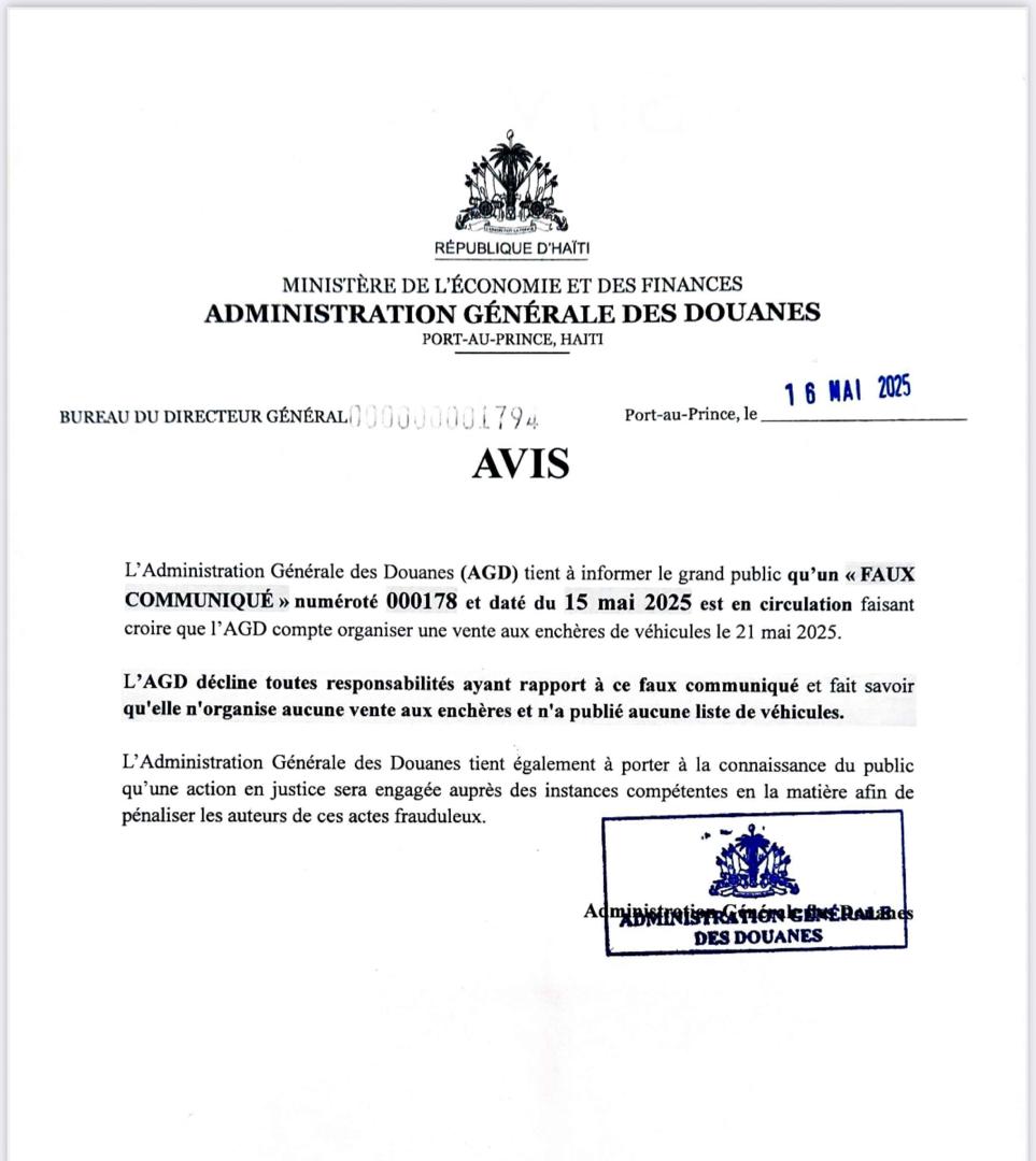 ATTENTION AU PUBLIC
Circulation d’un « FAUX COMMUNIQUÉ »
concernant une « VENTE A L’ENCAN DE VÉHICULES »