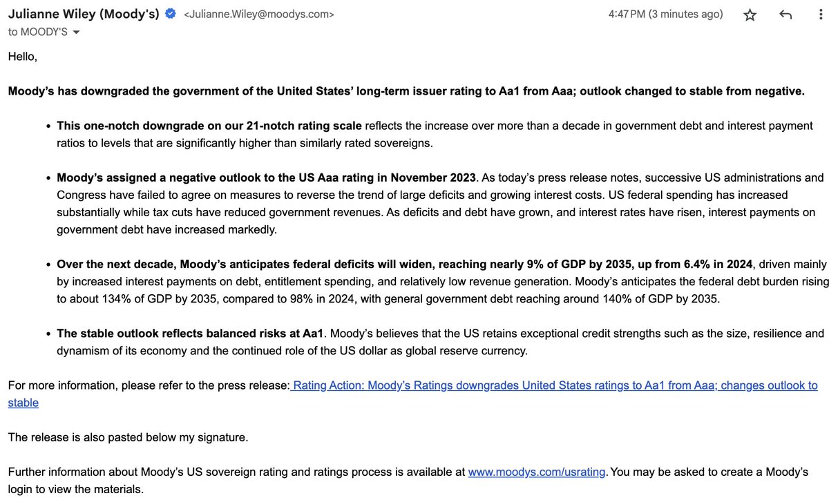JakeSherman's tweet image. "Moody’s downgrades US credit rating to Aa1 from Aaa"