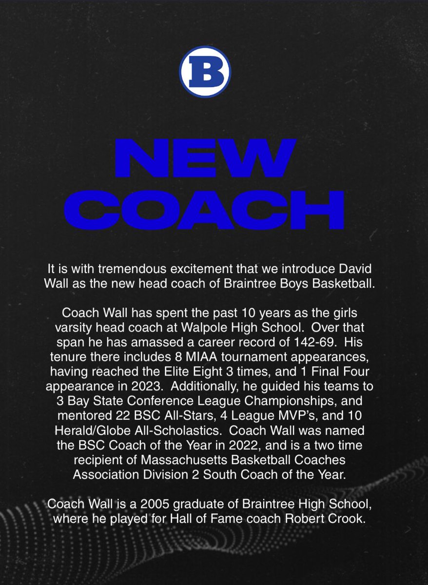 BraintreeWamps's tweet photo. We would like to introduce our new Boys Basketball Coach, Dave Wall 🏀👏 https://t.co/XfuXiOd3vg